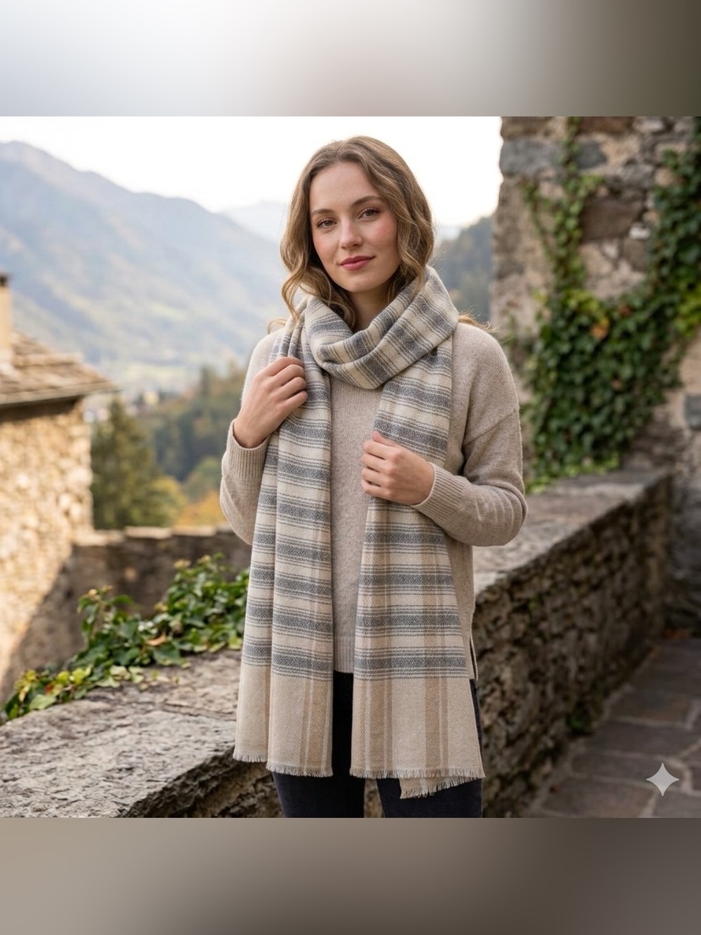 Handwoven Neutral Striped Pashmina Scarf Shawl Raw Edge Cashmere